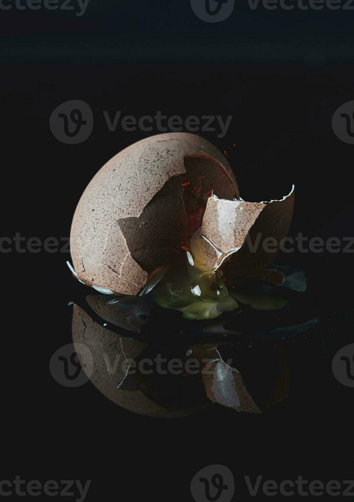 fresh broken egg with yolk sticking out on black background photo