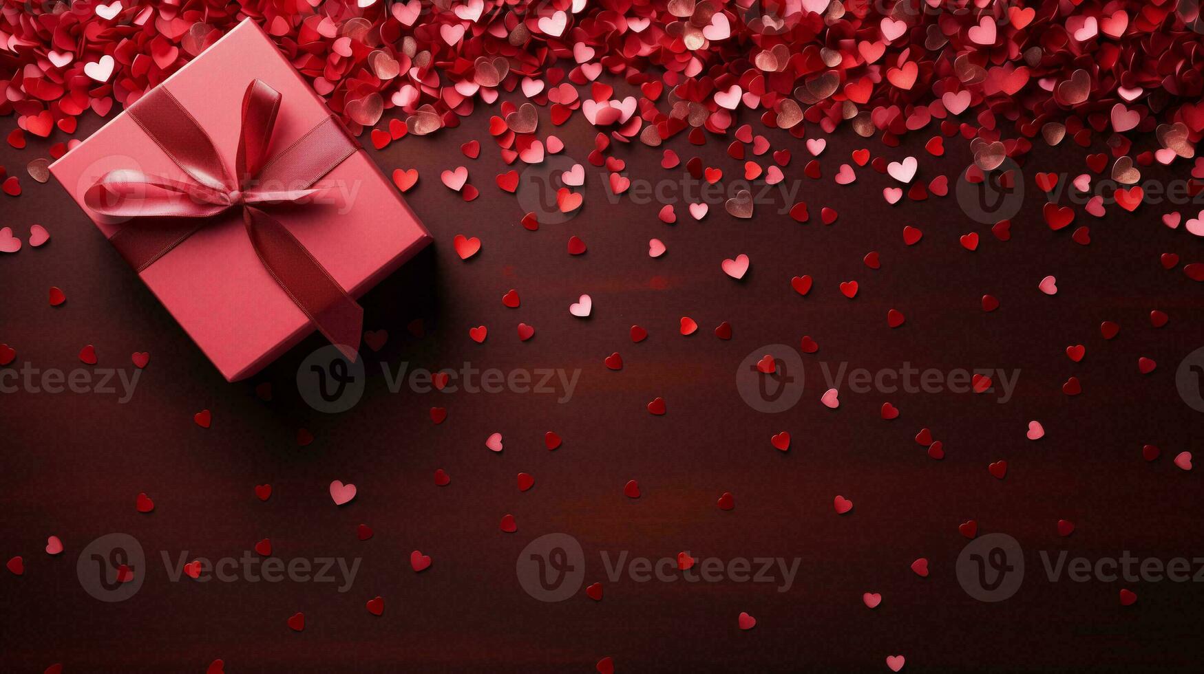AI generated Valentine's day red hearts and gift boxes, banner with copyspace, love background concept, blank space, flat lay with space for text photo