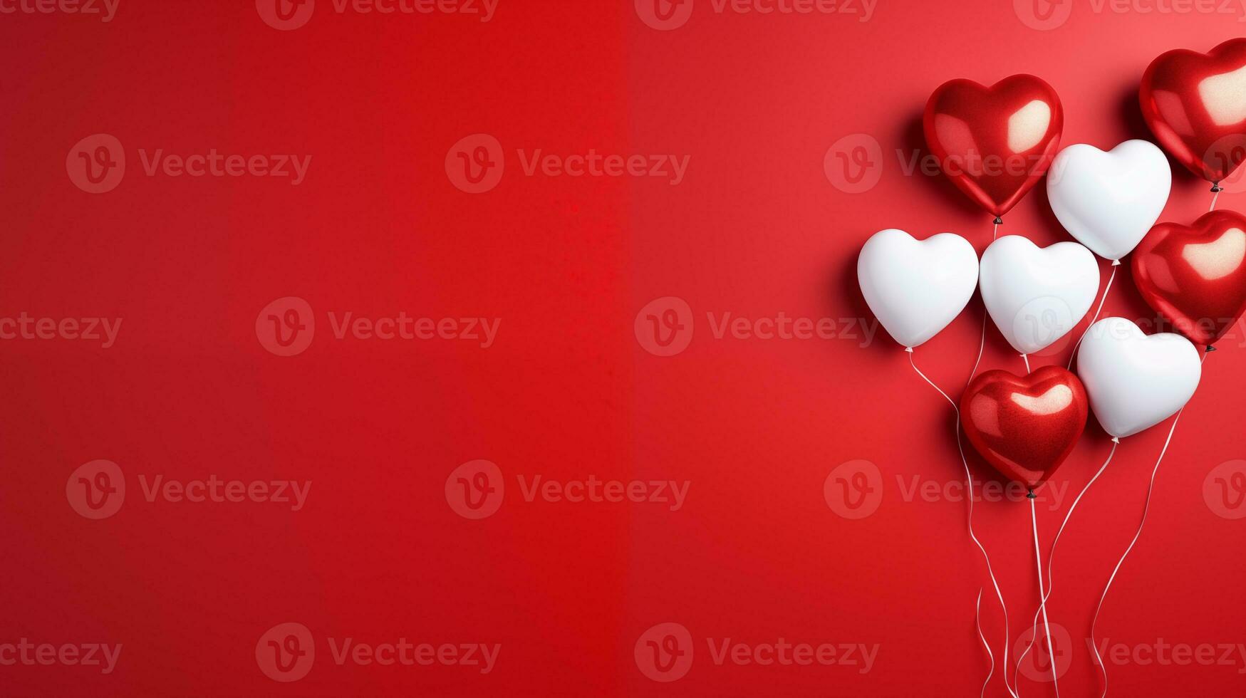 AI generated Valentine's day red and white heart-shaped balloons, red background, banner with copyspace, love background concept, blank space, flat lay with space for text photo