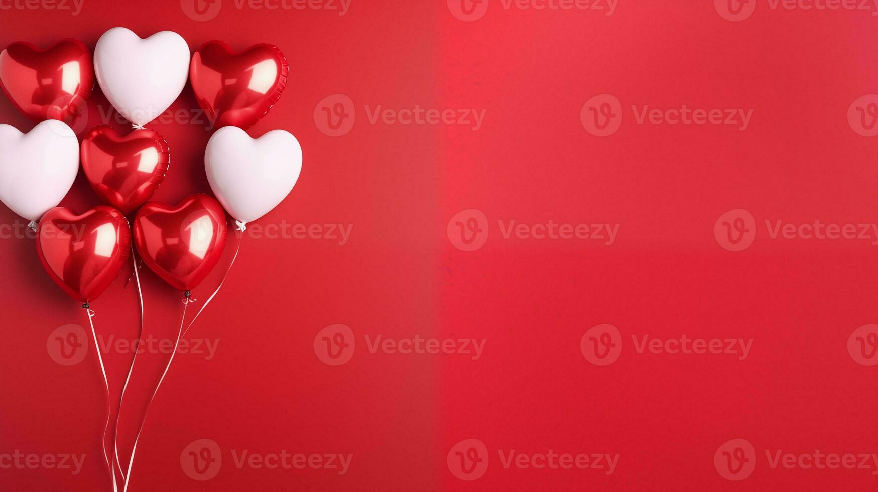 AI generated Valentine's day red and white heart-shaped balloons, red background, banner with copyspace, love background concept, blank space, flat lay with space for text photo