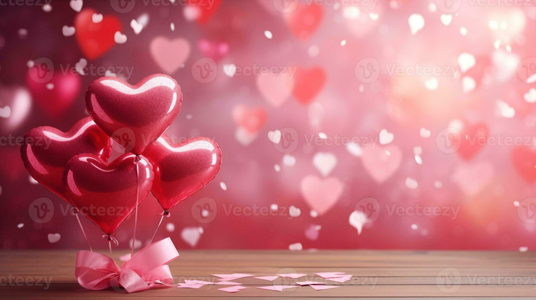 AI generated Valentine's day pink heart-shaped valloons, banner with copyspace, love background concept, blank space, flat lay with space for text photo