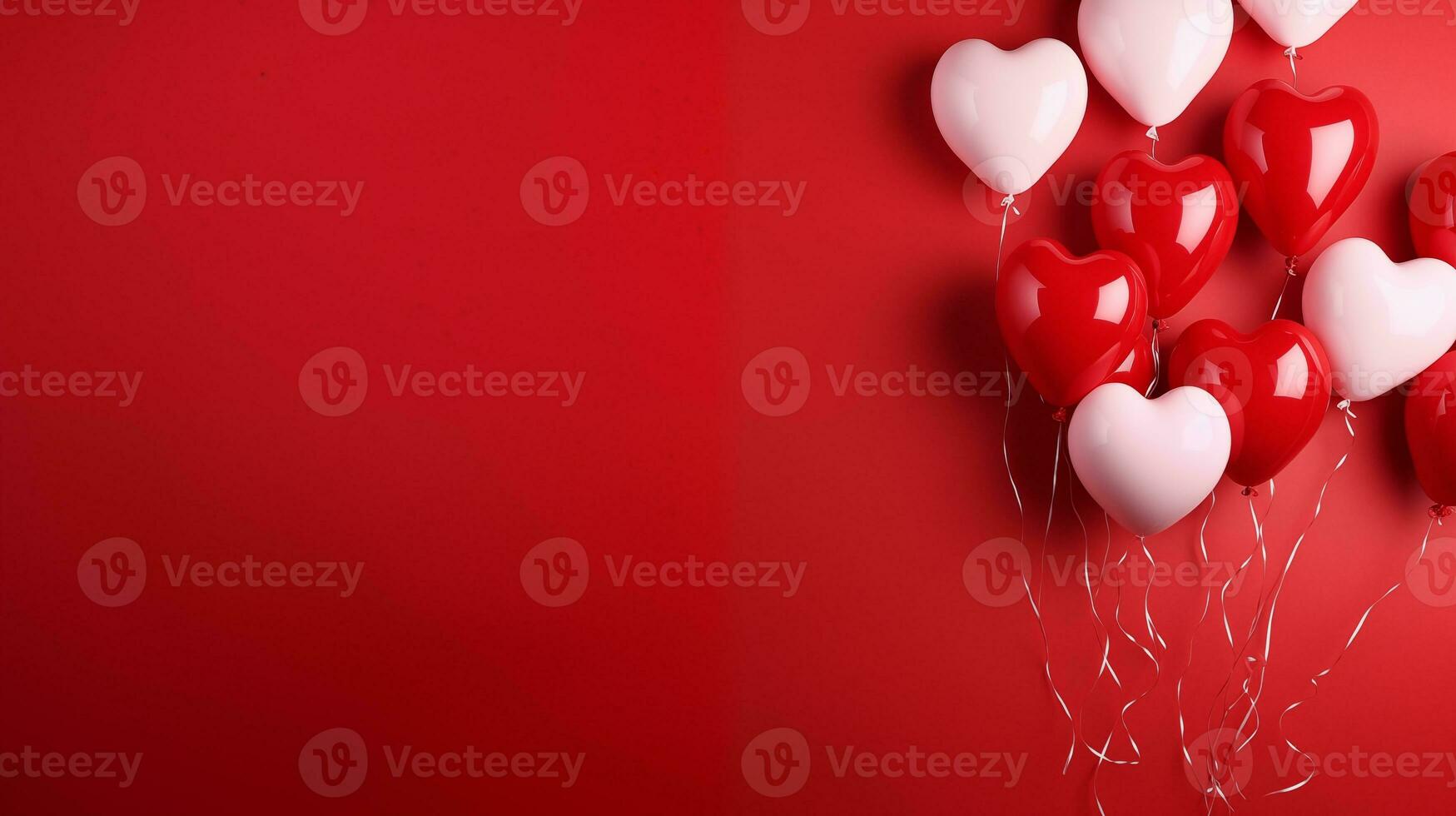 AI generated Valentine's day red and white heart-shaped balloons, red background, banner with copyspace, love background concept, blank space, flat lay with space for text photo