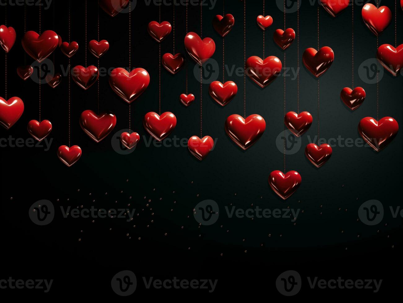 AI generated Red heart balloons on a black background, Valentine's day, love concept. Valentine background with copy space photo