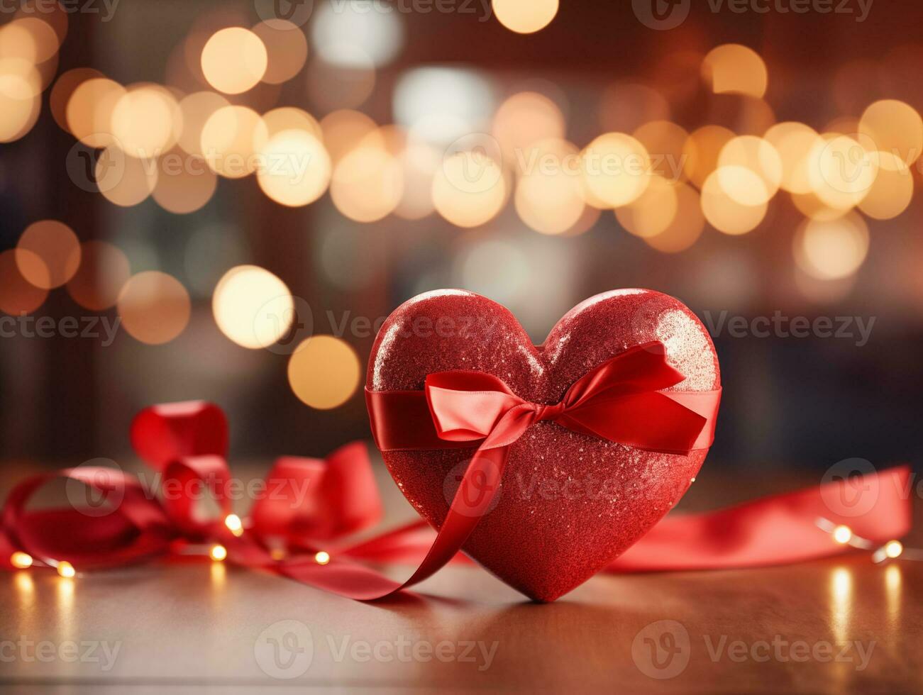 AI generated Bokeh lights with hearts and bows on wooden background, valentines day concept, copy space banner template. photo