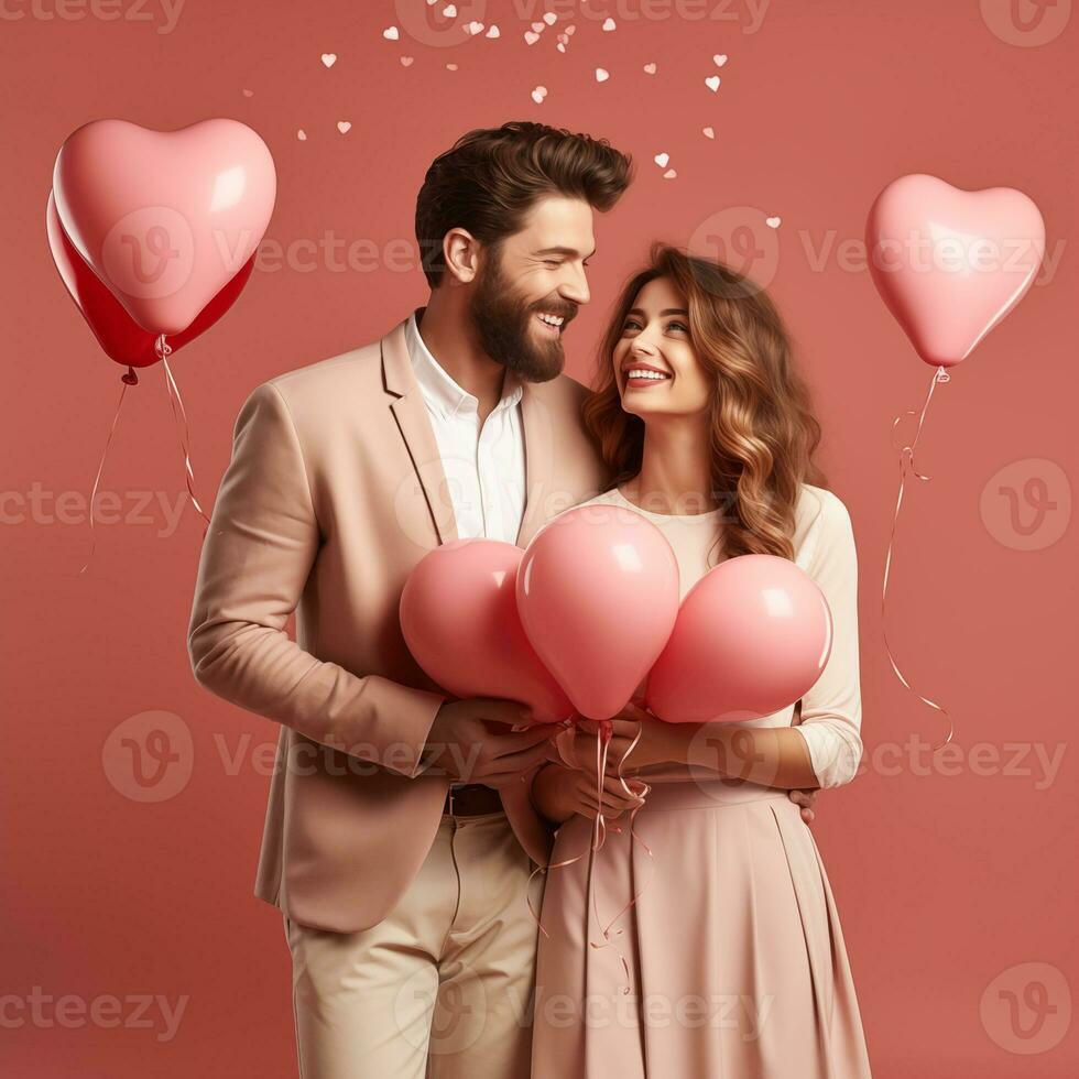 ai generado hermosa Pareja con rosado globos Pareja celebrar san valentin día rodeado por rosado globos, estudio foto. romántico celebracion para San Valentín día foto