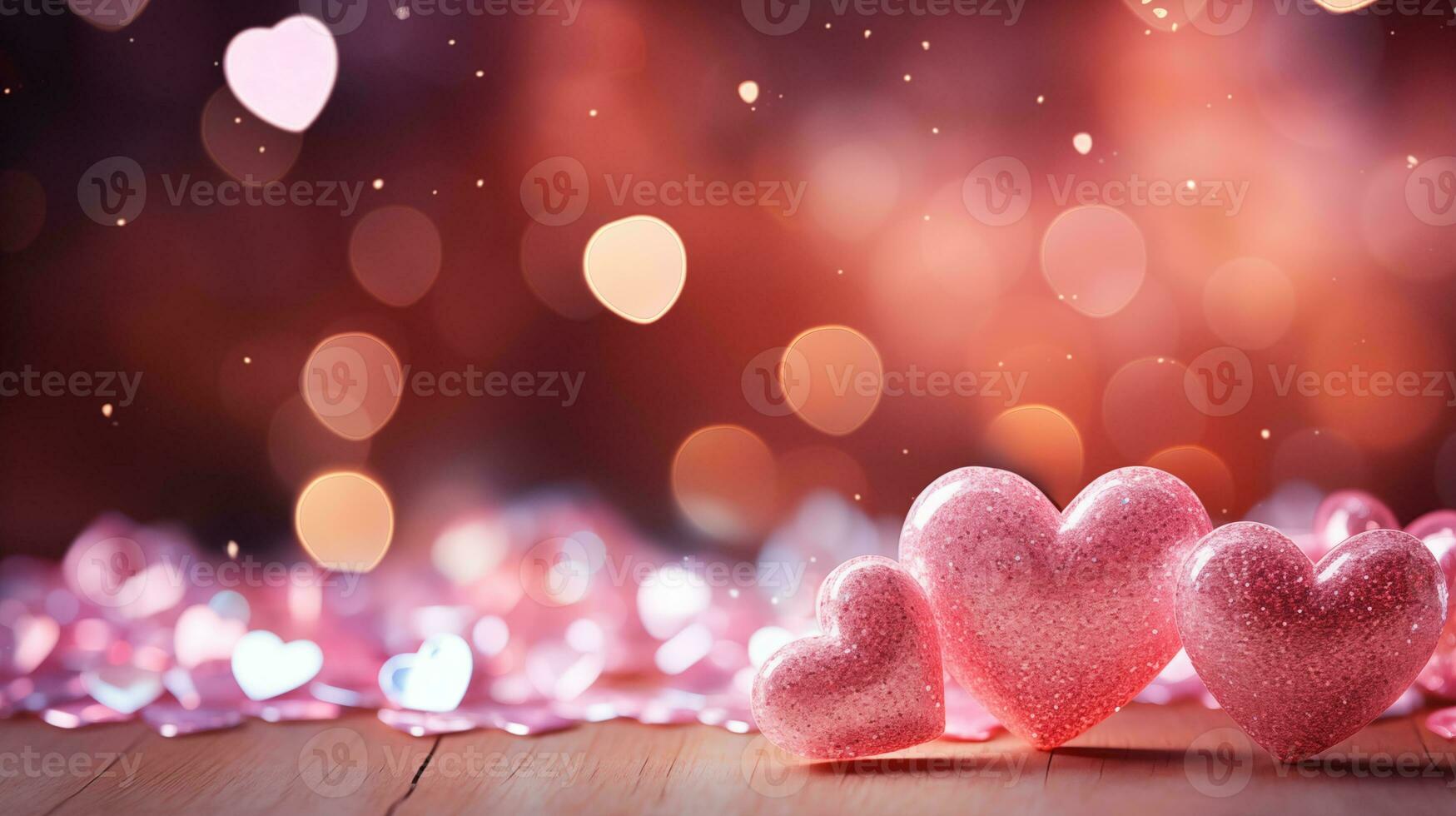 AI generated Beautiful background with red glitter hearts, lights, sparkles and bokeh. Valentine's Day card. Heart shaped bokeh Valentines background photo