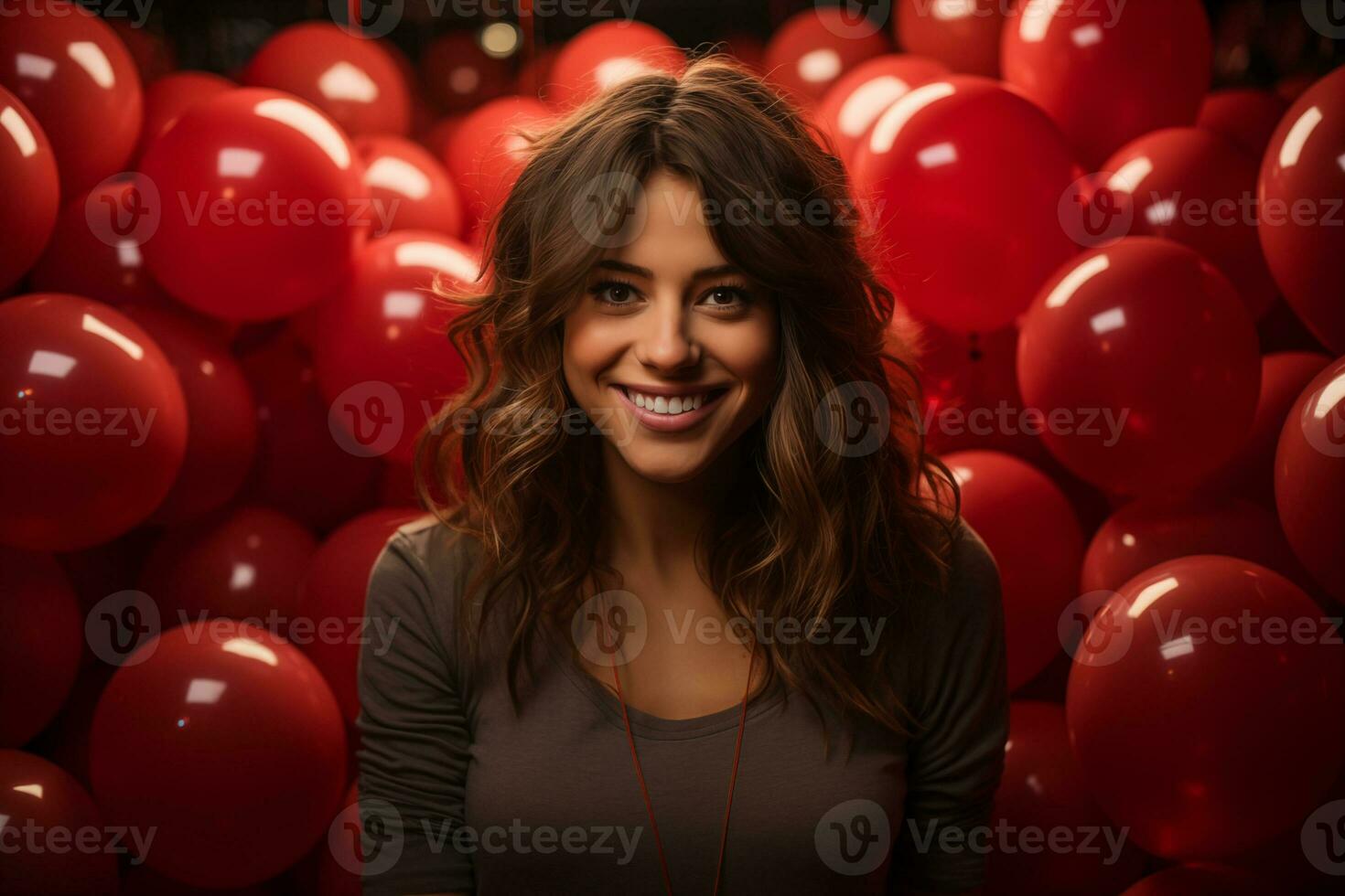 ai generado hermosa joven mujer con rojo globos mujer celebracion fiesta con rojo globos, estudio foto