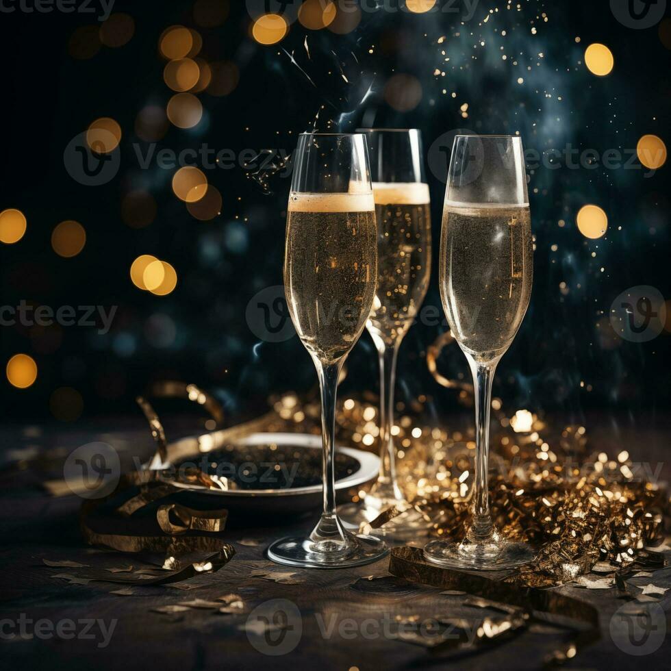 AI generated Glasses of champagne on table against blurred background. Space for text. Golden confetti. Christmas, New Year, Birthday celebration concept. photo