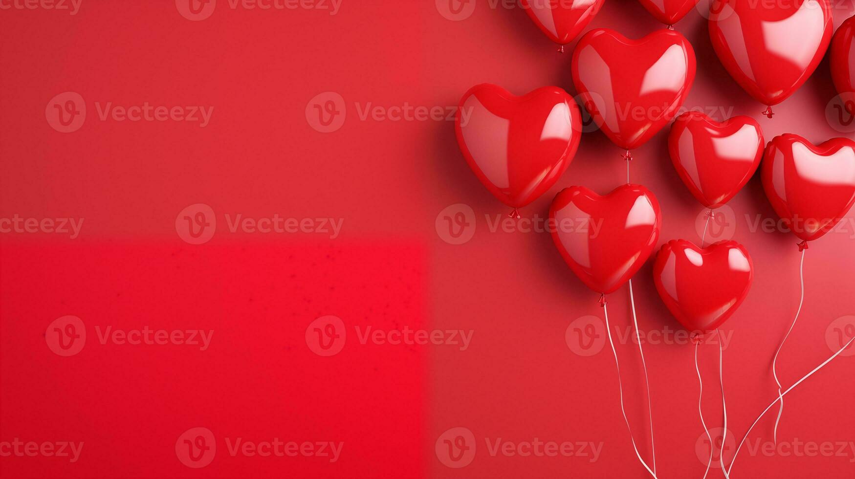 AI generated Valentine's day red and white heart-shaped balloons, red background, banner with copyspace, love background concept, blank space, flat lay with space for text photo