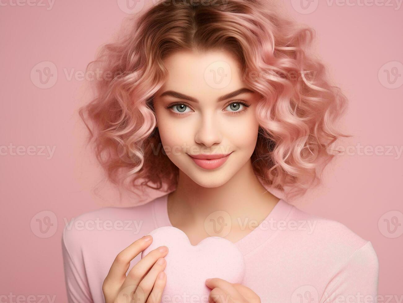 ai generado contento joven mujer con Rizado peinado bonito cara vistiendo rosado camisa, con rosado corazón en manos, estudio rosado antecedentes. san valentin concepto foto