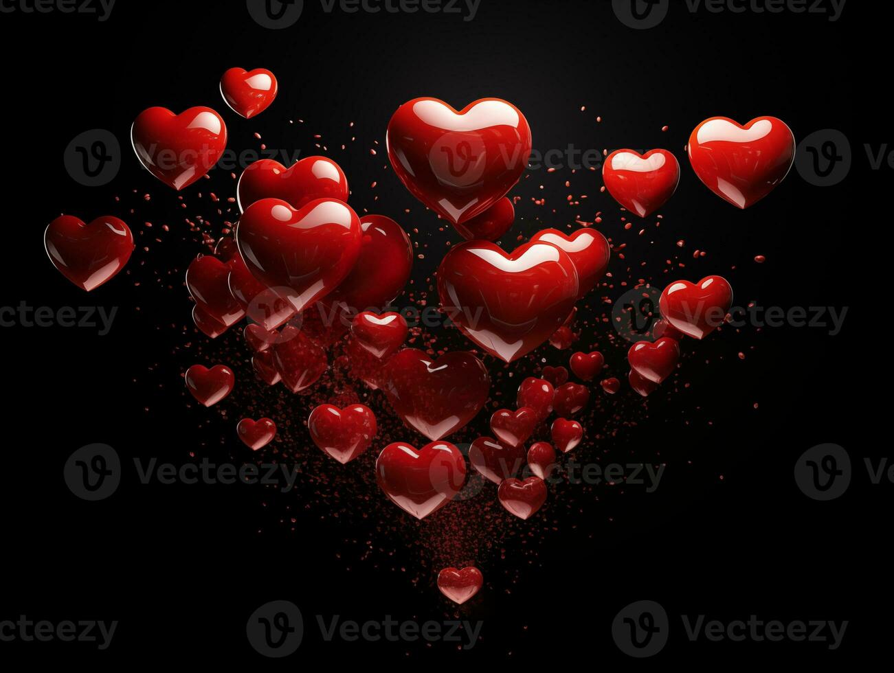 AI generated Red heart balloons on a black background, Valentine's day, love concept. Valentine background with copy space photo