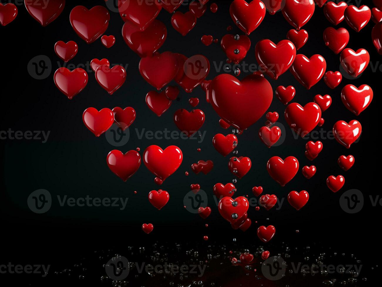 AI generated Red heart balloons on a black background, Valentine's day, love concept. Valentine background with copy space photo