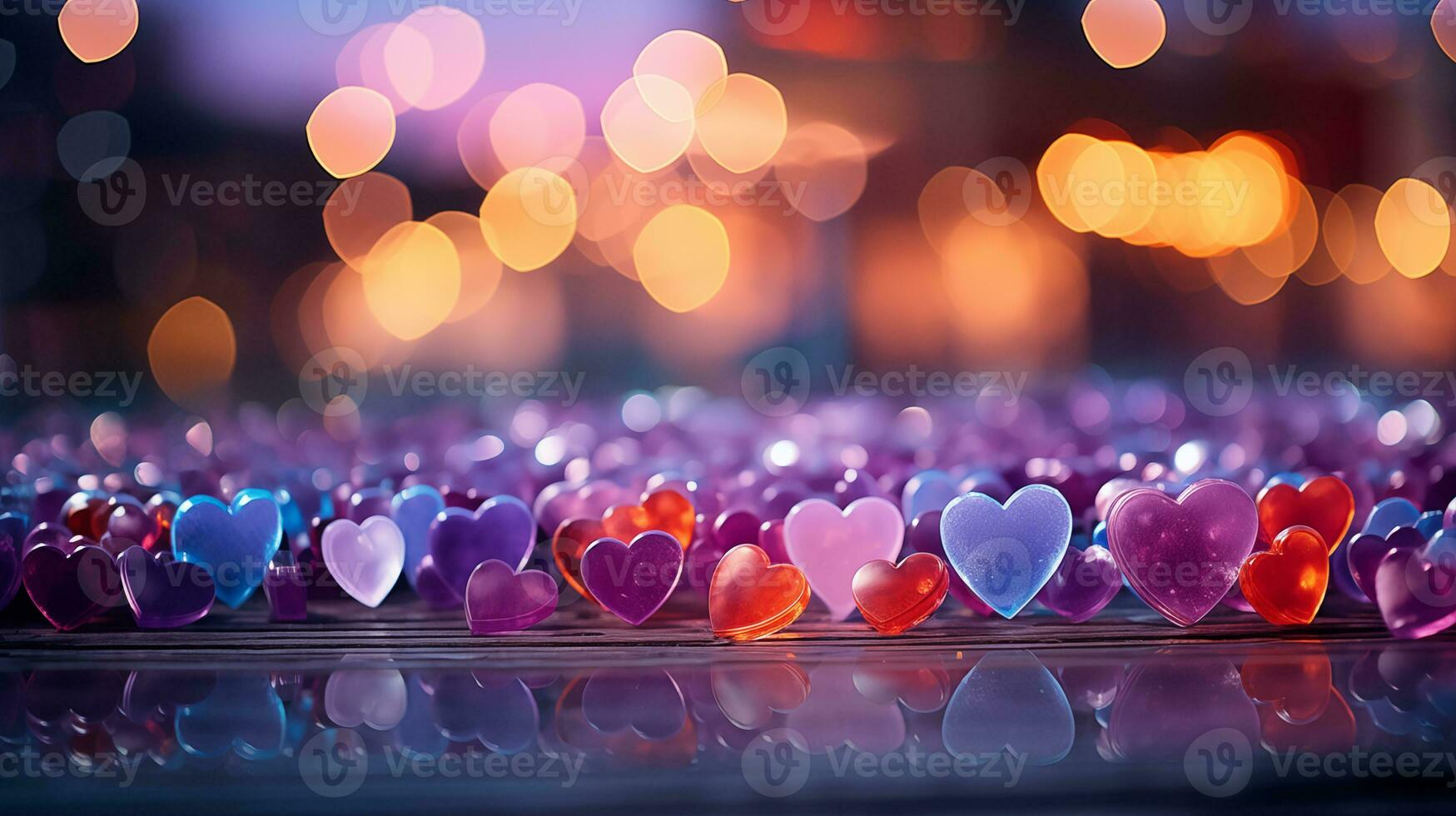 ai generado hermosa antecedentes con vistoso corazones, luces, destellos y Bokeh. San Valentín día tarjeta. corazón conformado bokeh san valentin antecedentes foto