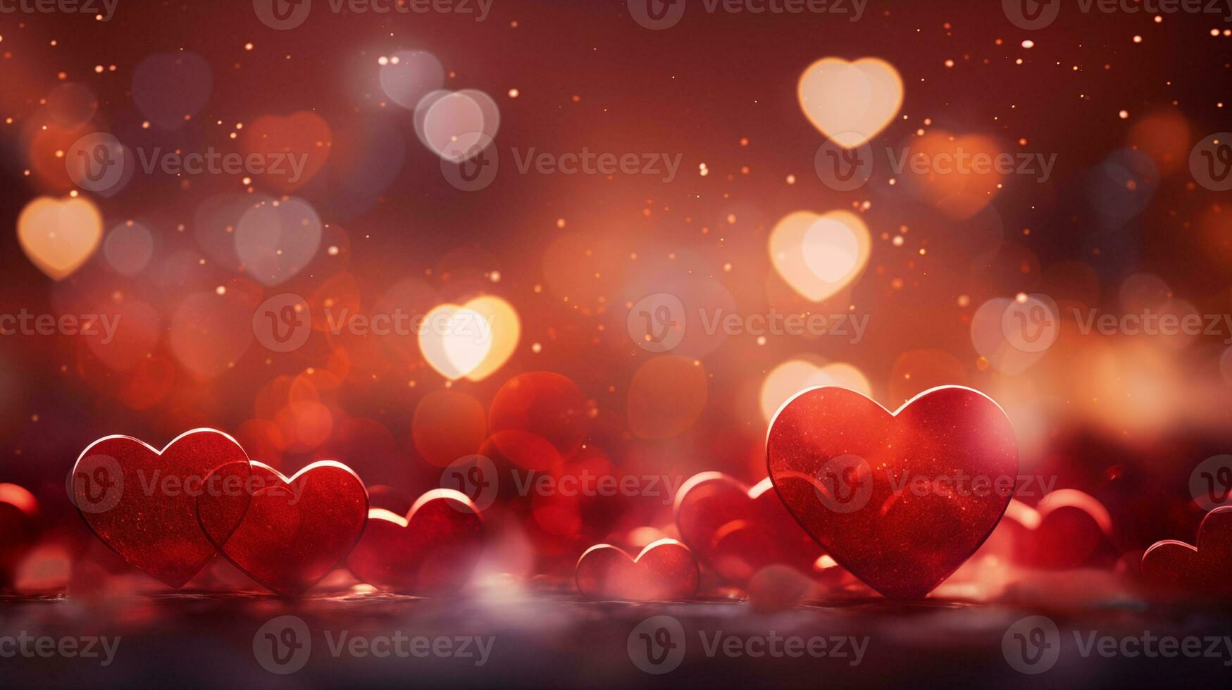 AI generated Beautiful background with red hearts, lights, sparkles and bokeh. Valentine's Day card. Heart shaped bokeh Valentines background photo