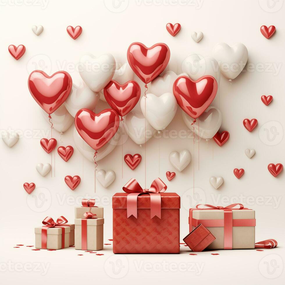 AI generated Set of heart-shaped balloons and gift boxes. Perfect for Valentine's Day, weddings, and sales. photo
