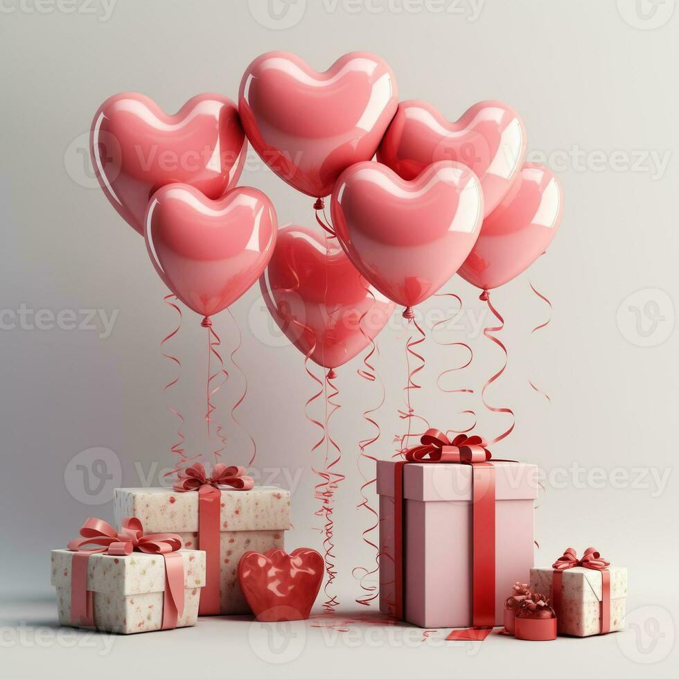 AI generated Set of heart-shaped balloons and gift boxes. Perfect for Valentine's Day, weddings, and sales. photo