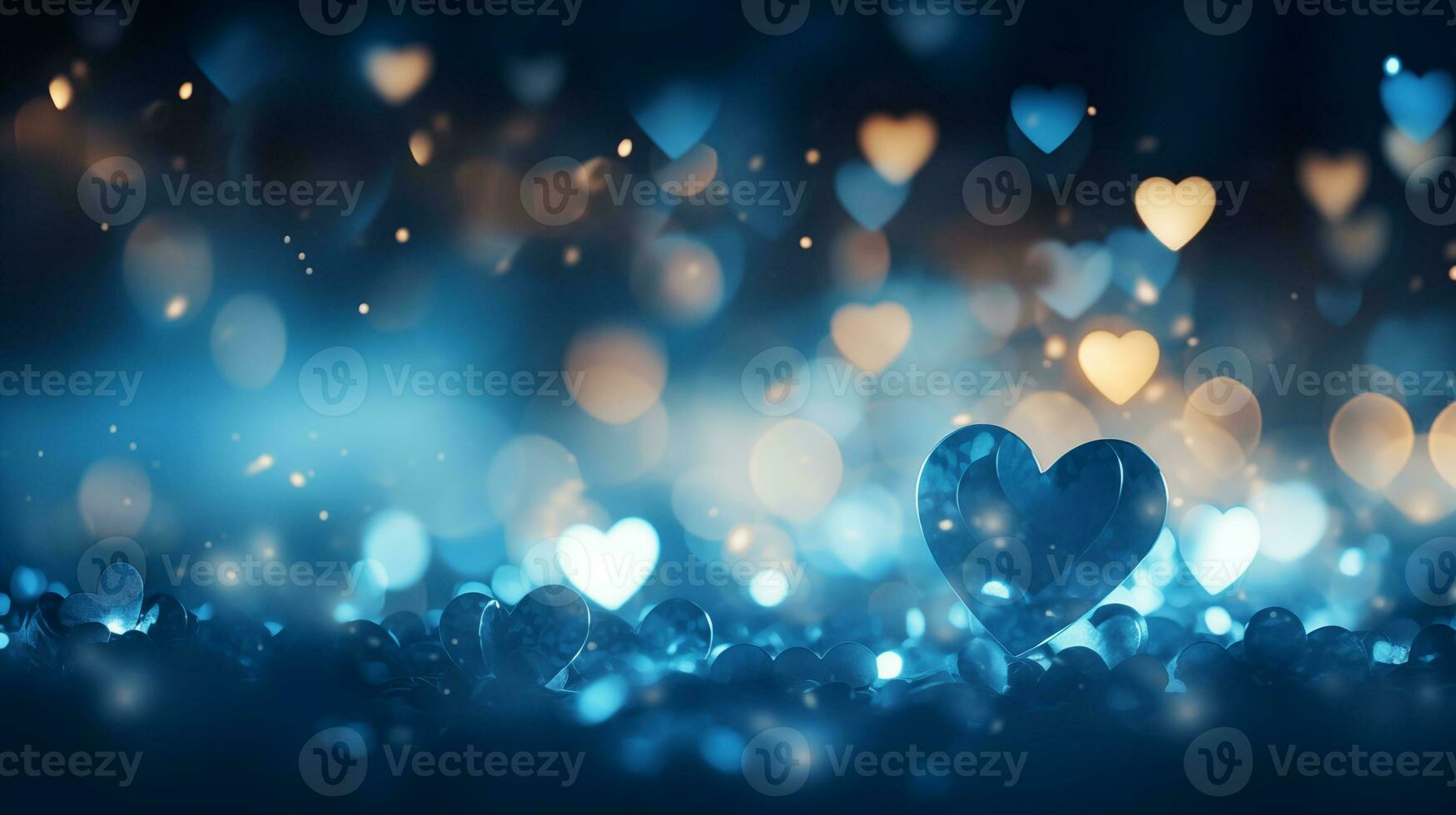 AI generated Beautiful background with blue hearts, lights, sparkles and bokeh. Valentine's Day card. Blue heart shaped bokeh Valentines background photo