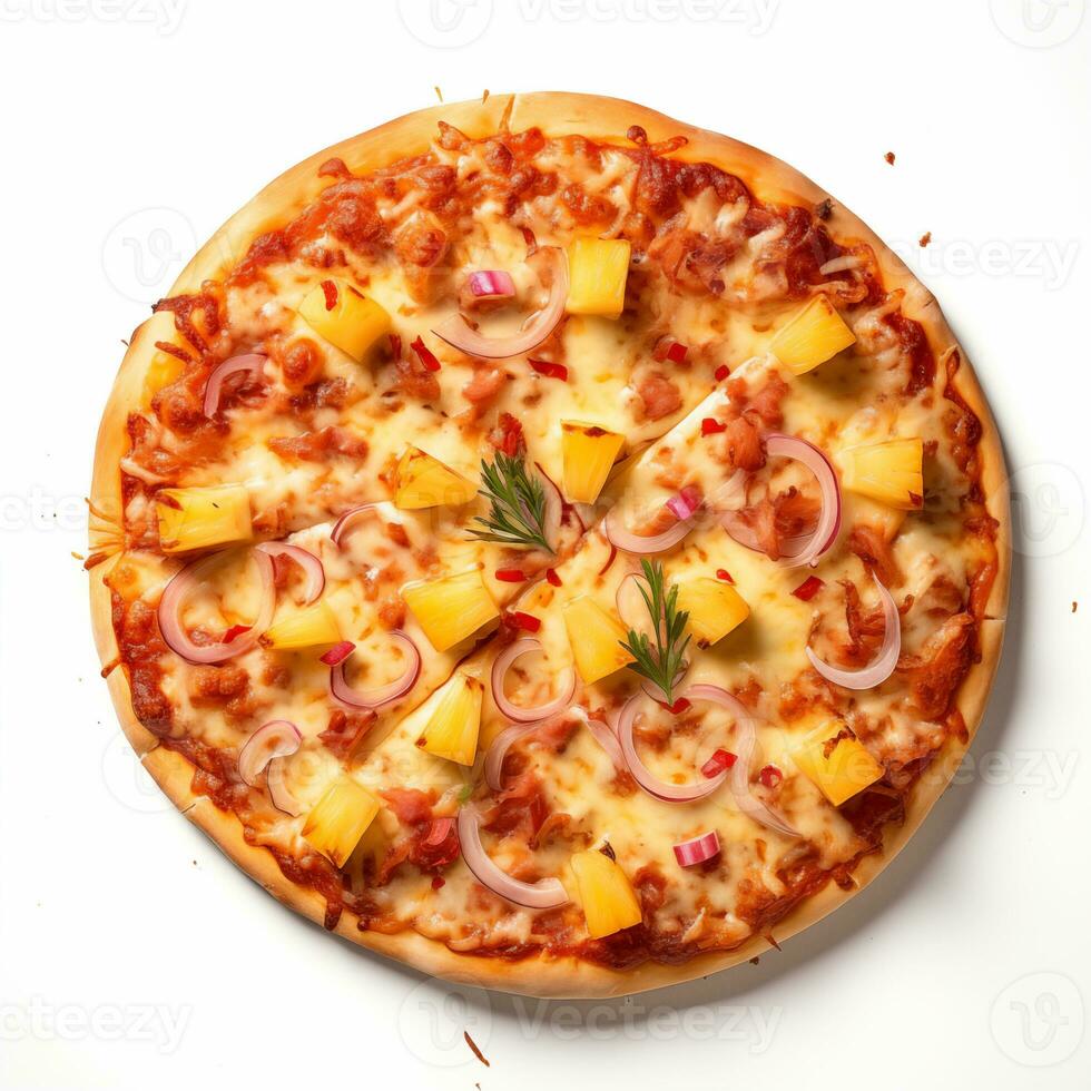 AI generated Top view of pizza isolated on white background. Photo for restaurant menu, advertising, delivery, banner