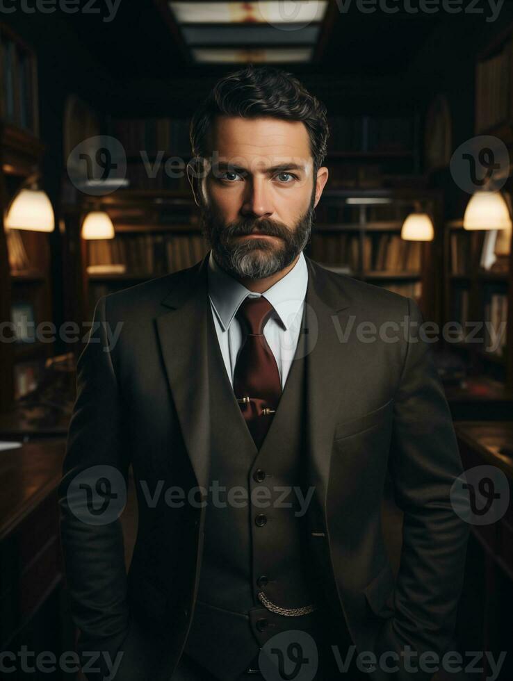 AI generated Photo of handsome happy man against a library bookshelf background. Lawyer, manager, businessman concept. Successful manin a suit, office workplace