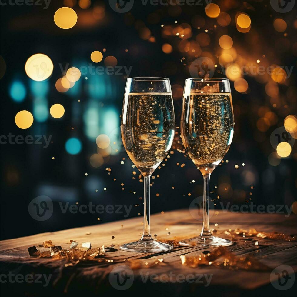 AI generated Glasses of champagne on table against blurred background. Space for text. Golden confetti. Christmas, New Year, Birthday celebration concept. photo