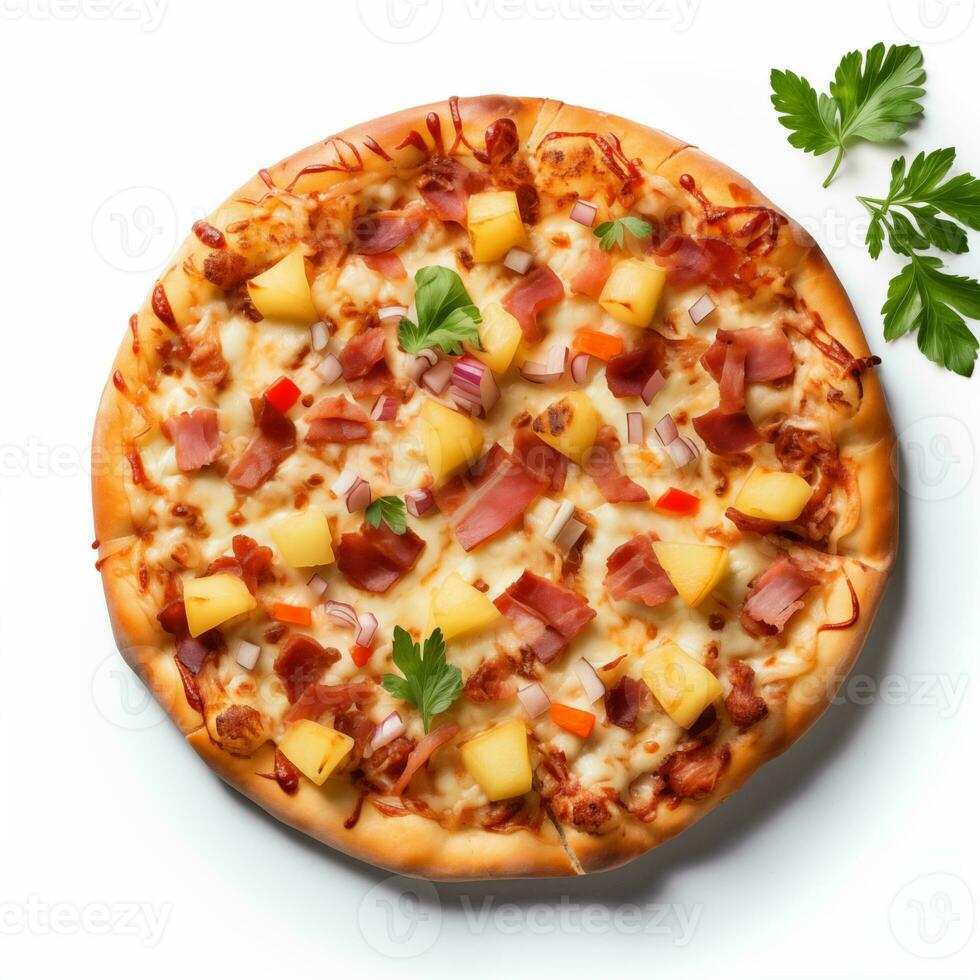 AI generated Top view of pizza isolated on white background. Photo for restaurant menu, advertising, delivery, banner