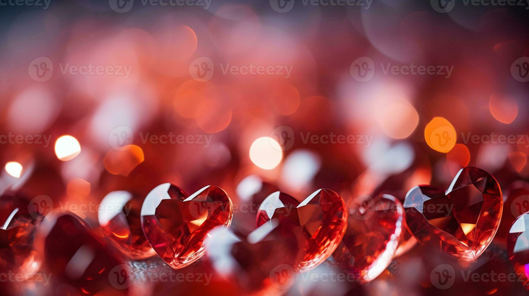 AI generated A closeup photograph of blurred small crystal red hearts as a background. Valentines day concept. Abstract background with crystal hearts. Valentine's day background photo
