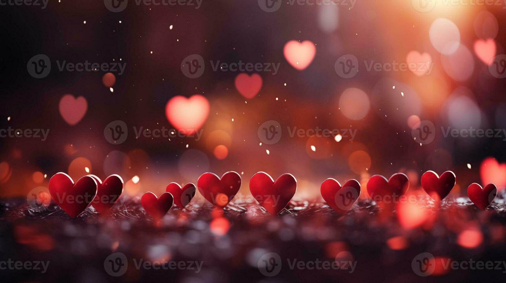 AI generated Beautiful background with red hearts, lights, sparkles and bokeh. Valentine's Day card. Heart shaped bokeh Valentines background photo