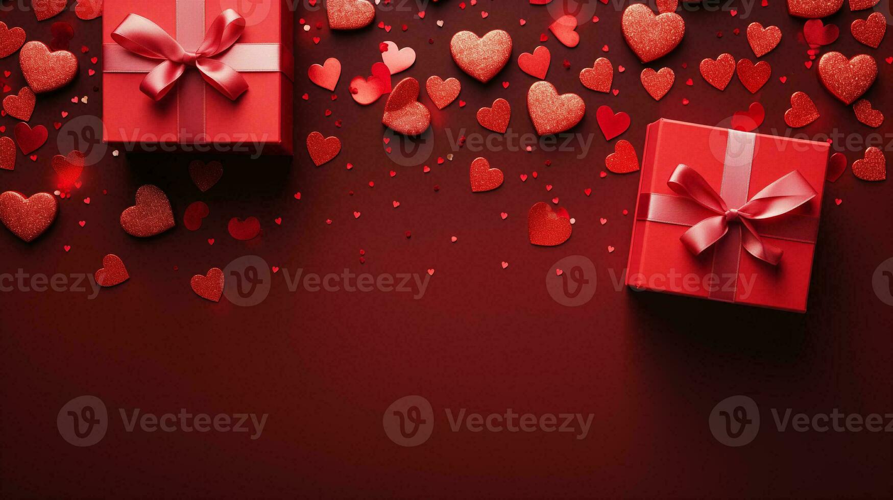 AI generated Valentine's day red hearts and gift boxes, banner with copyspace, love background concept, blank space, flat lay with space for text photo