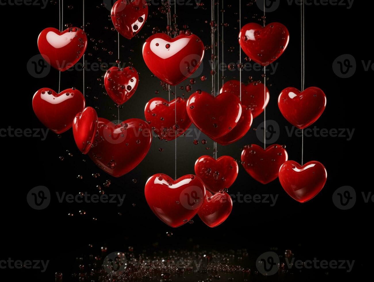 AI generated Red heart balloons on a black background, Valentine's day, love concept. Valentine background with copy space photo