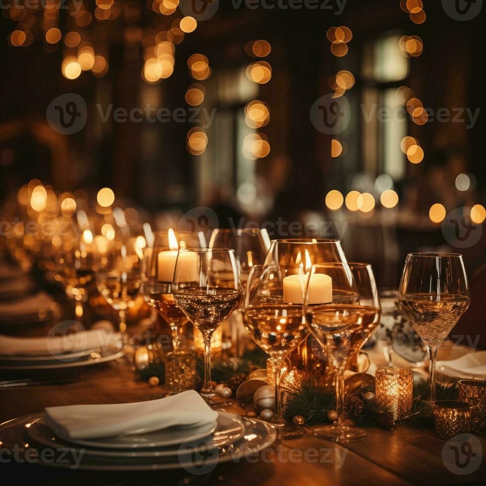 ai generado cena mesa ajuste para vacaciones. festivo hogar decoración. Navidad, nuevo año, boda, aniversario, cumpleaños, acción de gracias concepto foto