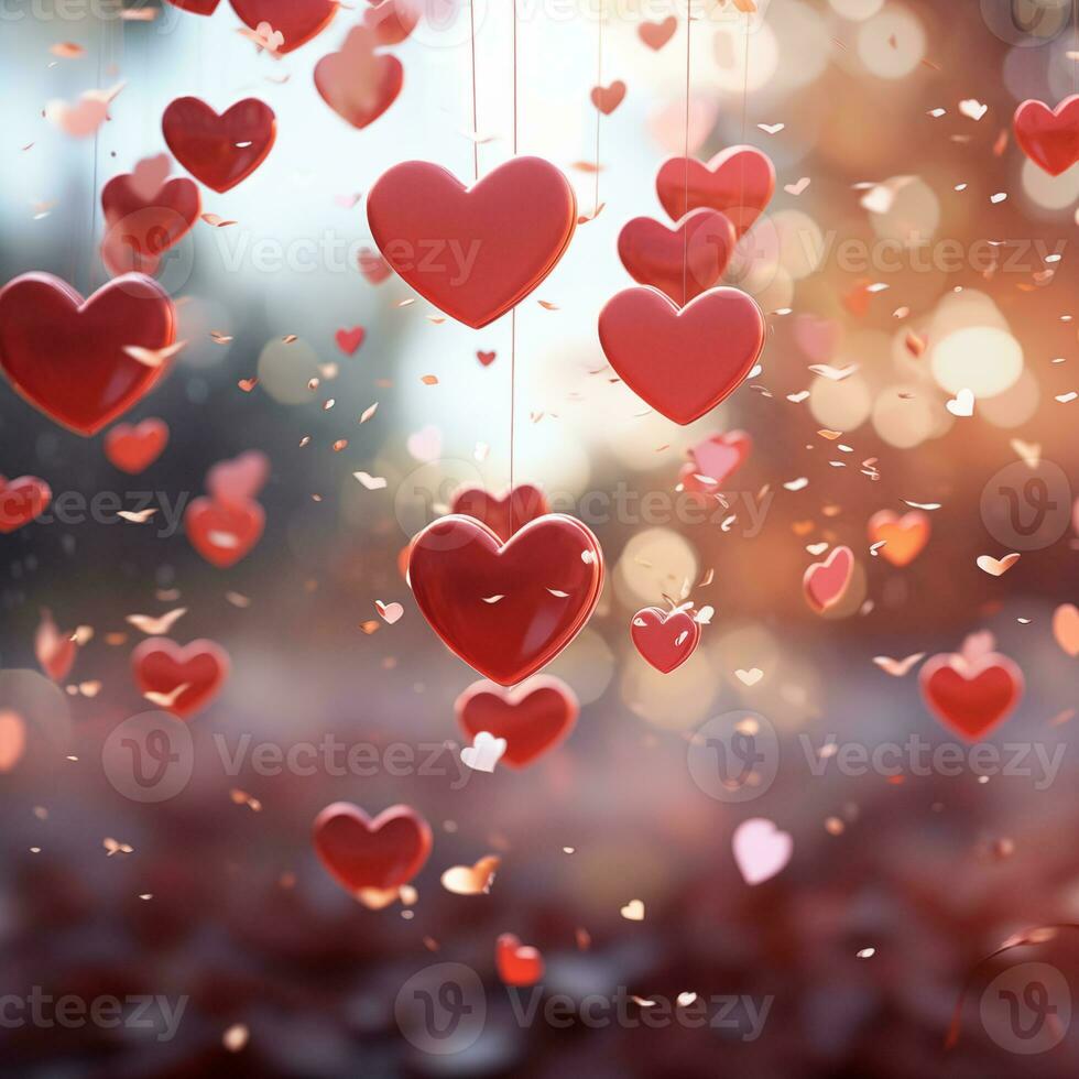 AI generated Valentines day background banner - abstract panorama background with red hearts - concept love photo