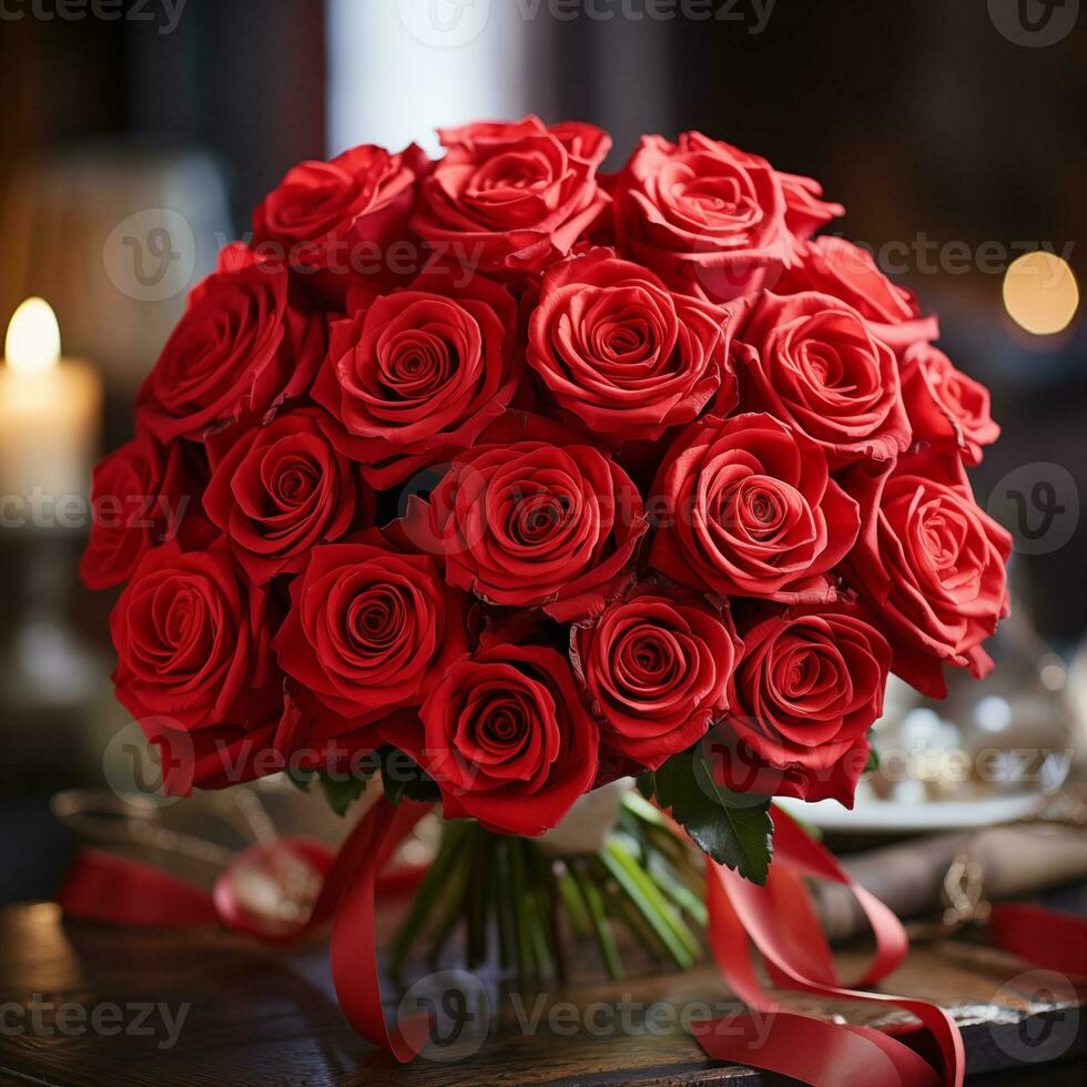 AI generated A bouquet of red roses in a vase on a table, romantic floral decoration, floral illustration. Valentines day concept photo