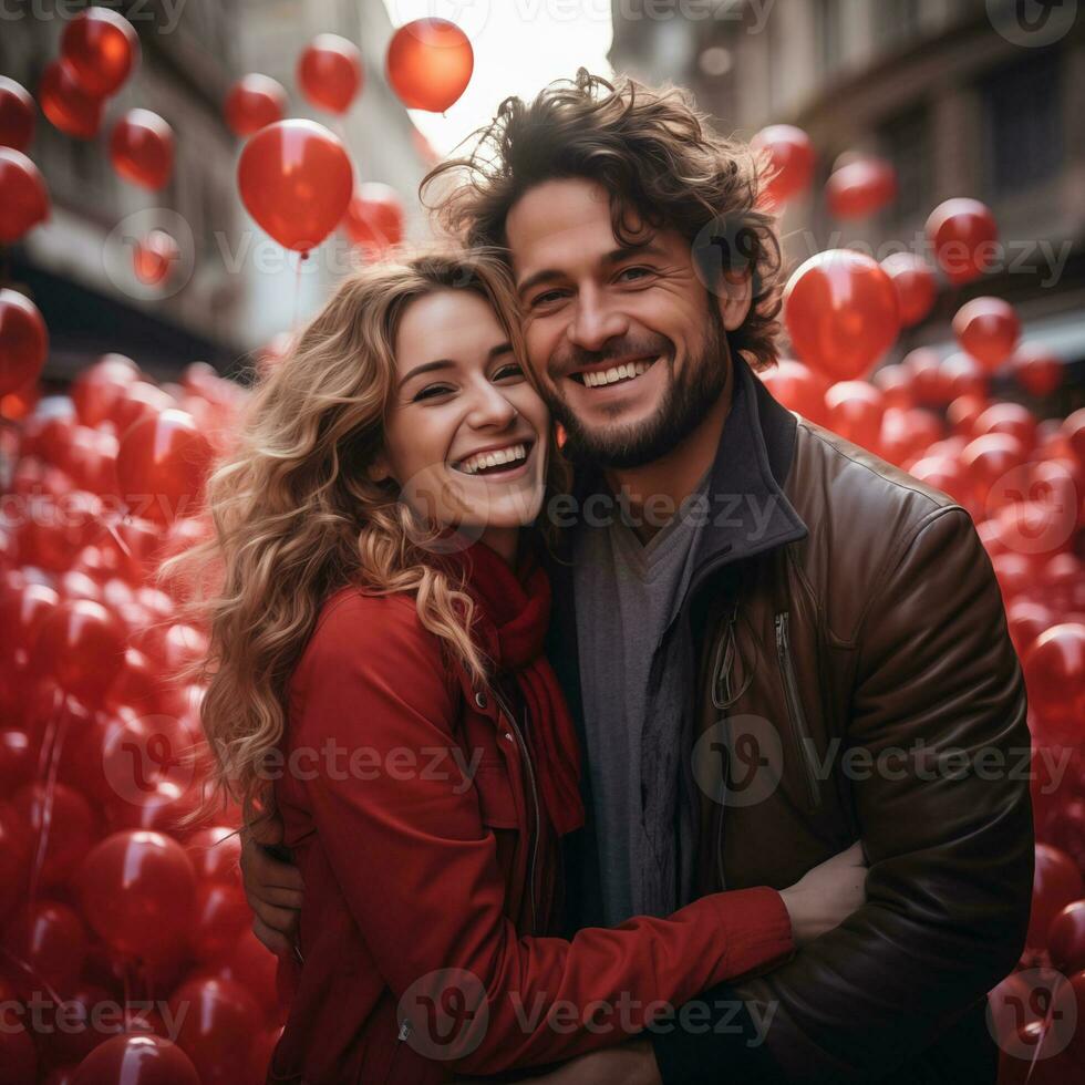ai generado hermosa Pareja con rojo globos Pareja celebrar san valentin día rodeado por rojo globos romántico celebracion para San Valentín día foto