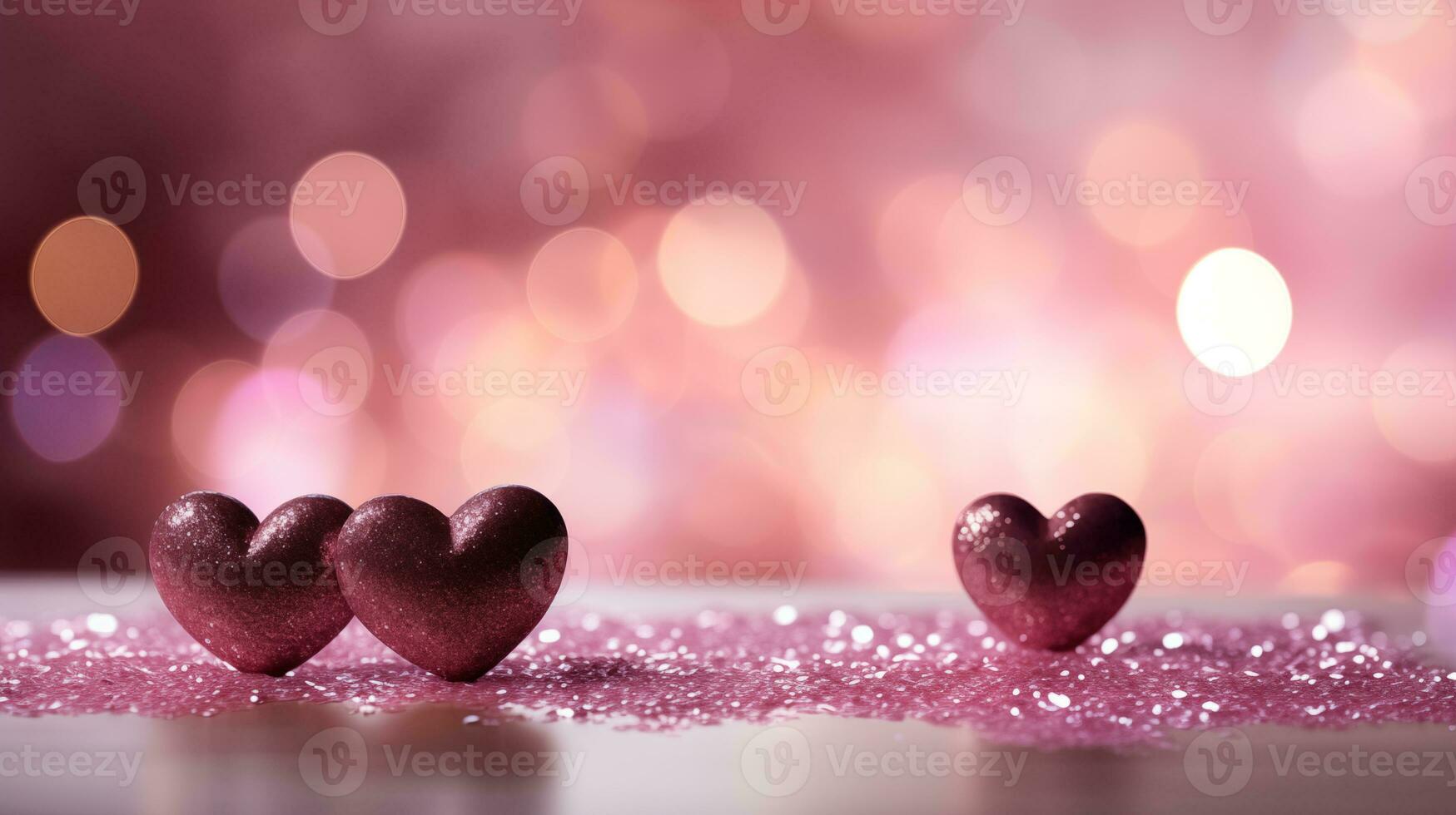 AI generated Beautiful background with red glitter hearts, lights, sparkles and bokeh. Valentine's Day card. Heart shaped bokeh Valentines background photo