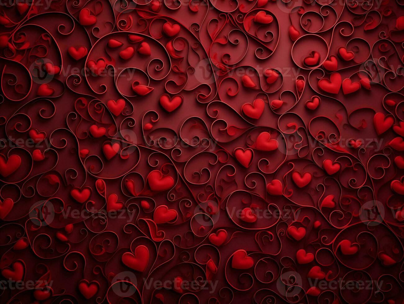 AI generated Valentines day red satin hearts background banner - abstract panorama background with red hearts - concept love photo