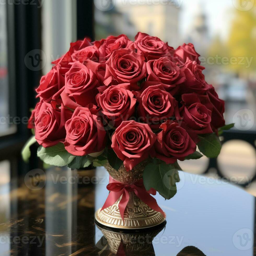 AI generated A bouquet of red roses in a vase on a table, romantic floral decoration, floral illustration. Valentines day concept photo