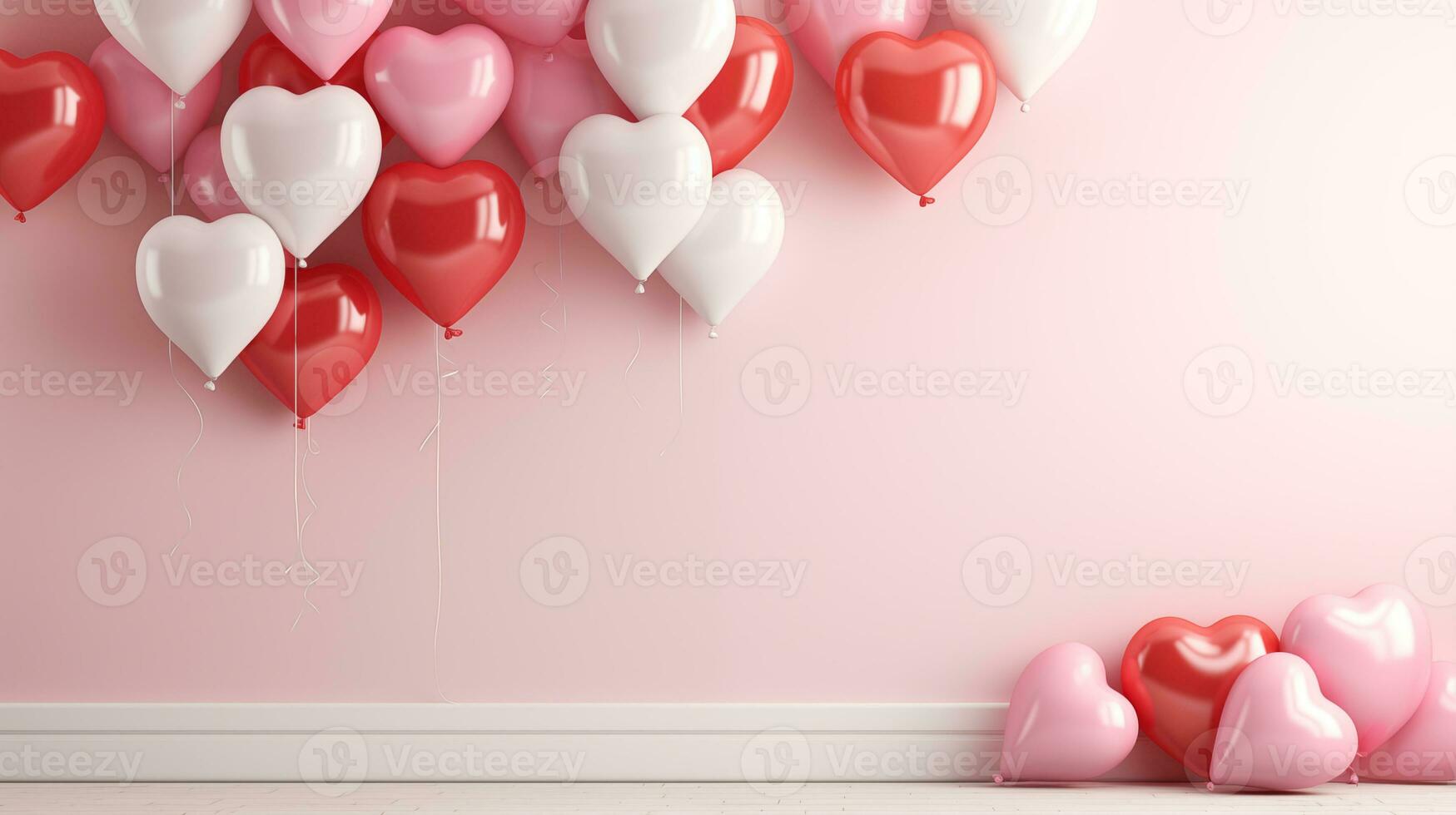 AI generated Valentine's day pink heart-shaped valloons, banner with copyspace, love background concept, blank space, flat lay with space for text photo