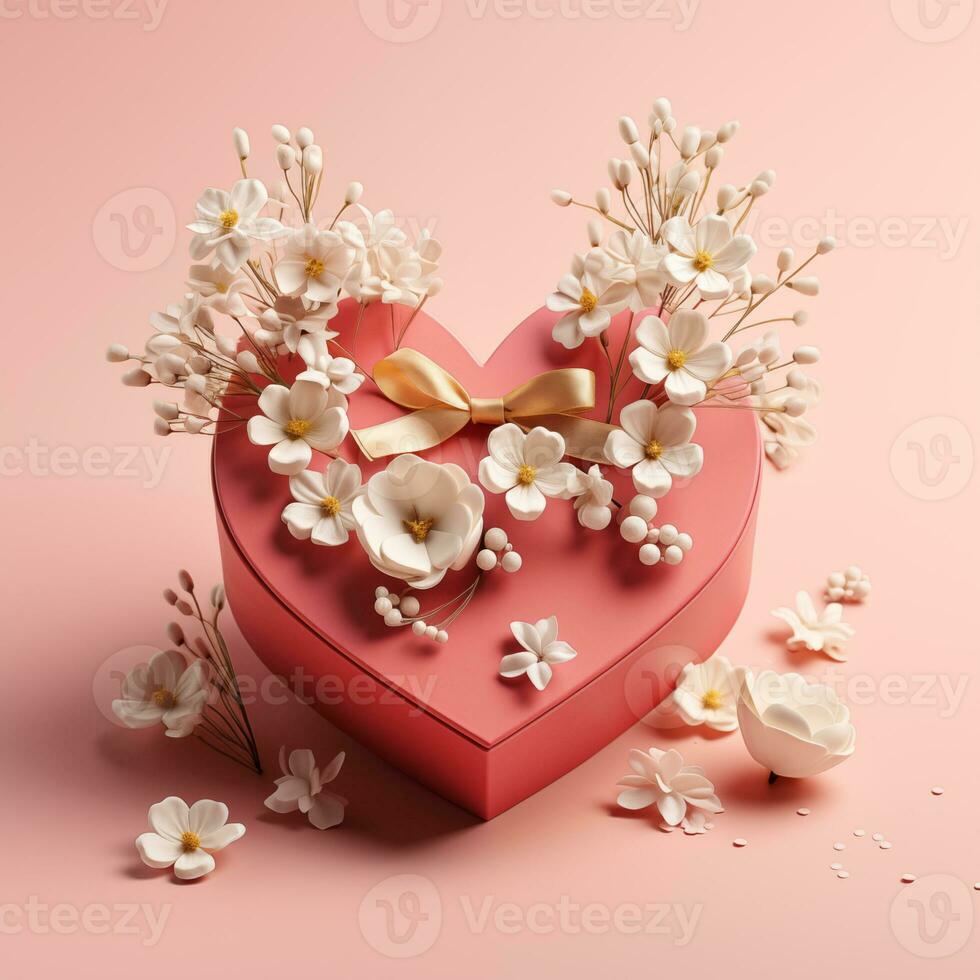 AI generated Heart-shaped gift box with flowers for Valentine's Day and romance. photo