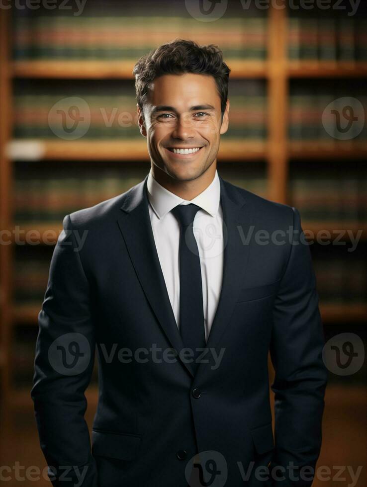 AI generated Photo of handsome happy man against a library bookshelf background. Lawyer, manager, businessman concept. Successful manin a suit, office workplace