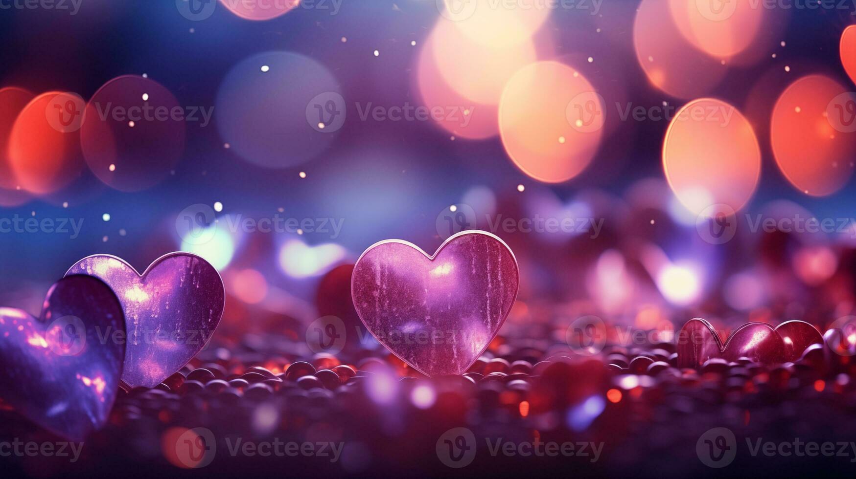 AI generated Beautiful background with colorful hearts, lights, sparkles and bokeh. Valentine's Day card. Heart shaped bokeh Valentines background photo
