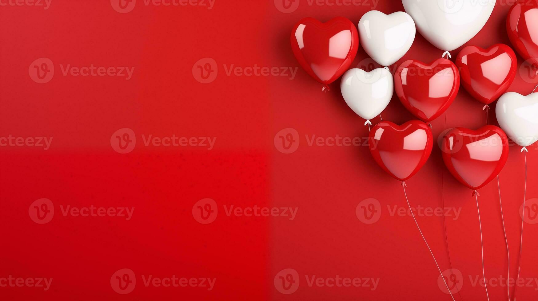 AI generated Valentine's day red and white heart-shaped balloons, red background, banner with copyspace, love background concept, blank space, flat lay with space for text photo