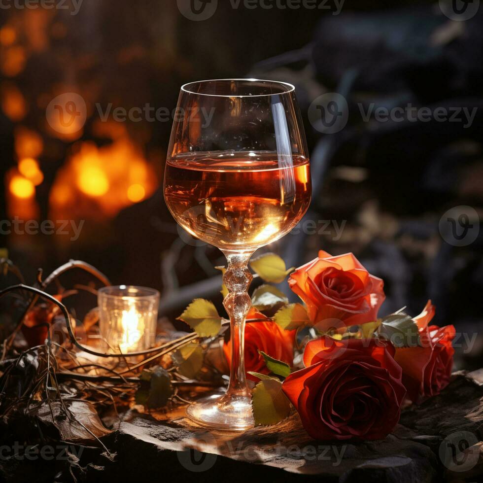 AI generated Romantic concept. Glass of vine with pink rose petals with bokeh background. Valentine's day banner. Celebration with wine and red rose. photo