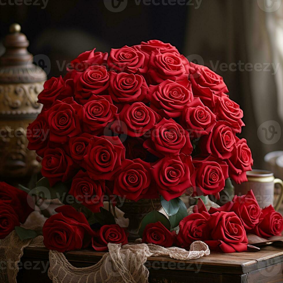 AI generated A bouquet of red roses in a vase on a table, romantic floral decoration, floral illustration. Valentines day concept photo