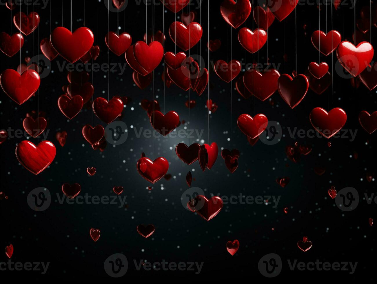 AI generated Red heart balloons on a black background, Valentine's day, love concept. Valentine background with copy space photo