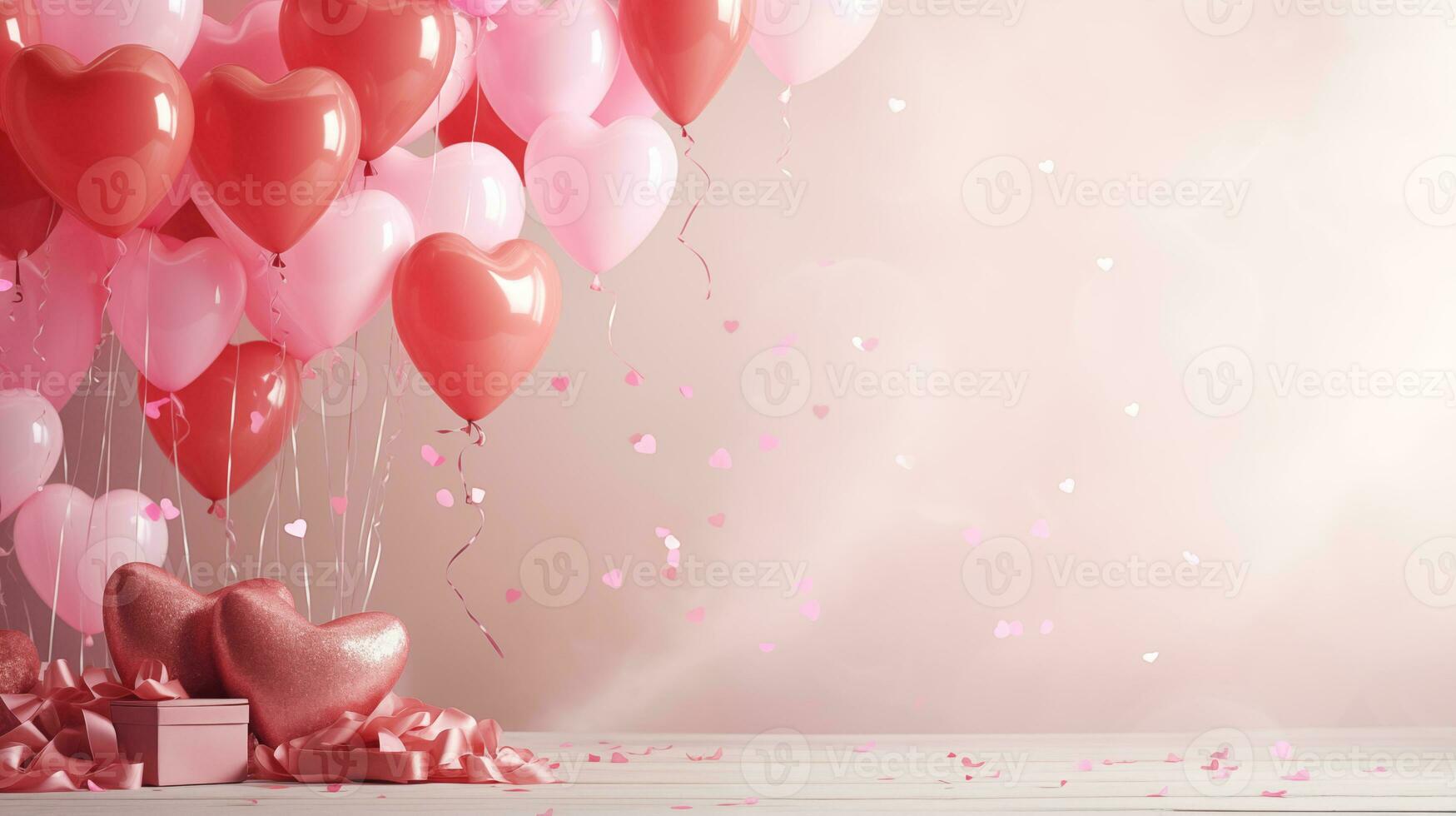 AI generated Valentine's day pink heart-shaped valloons, banner with copyspace, love background concept, blank space, flat lay with space for text photo