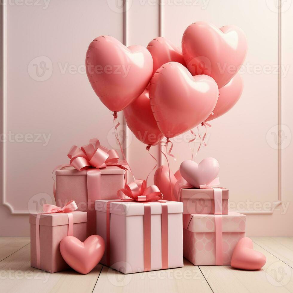 AI generated Set of heart-shaped balloons and gift boxes. Perfect for Valentine's Day, weddings, and sales. photo