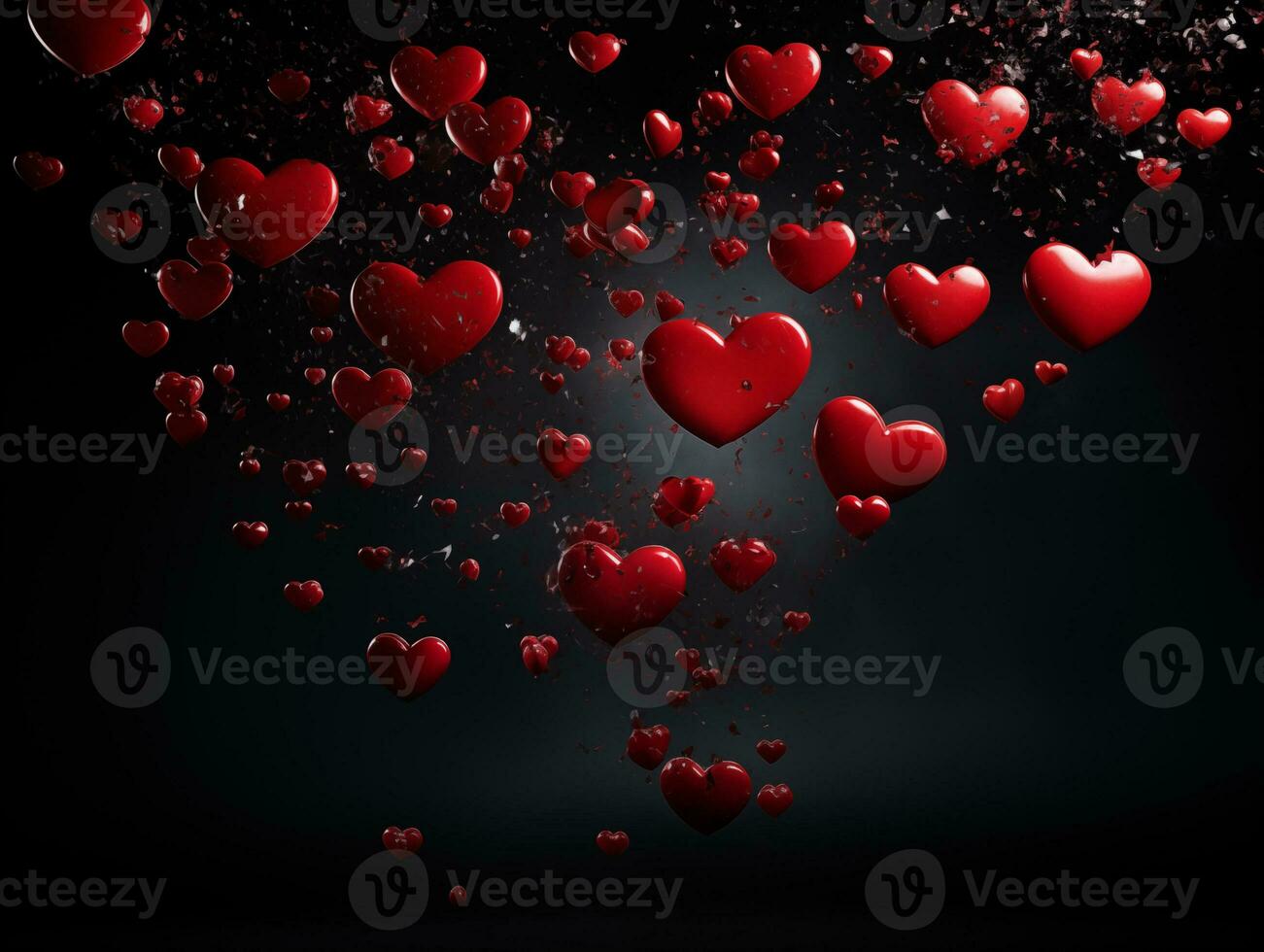 AI generated Red heart balloons on a black background, Valentine's day, love concept. Valentine background with copy space photo