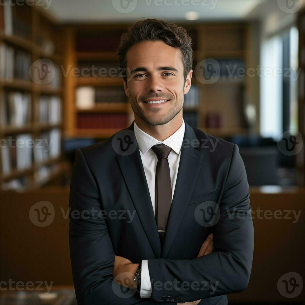 AI generated Photo of handsome happy man against a library bookshelf background. Lawyer, manager, businessman concept. Successful manin a suit, office workplace