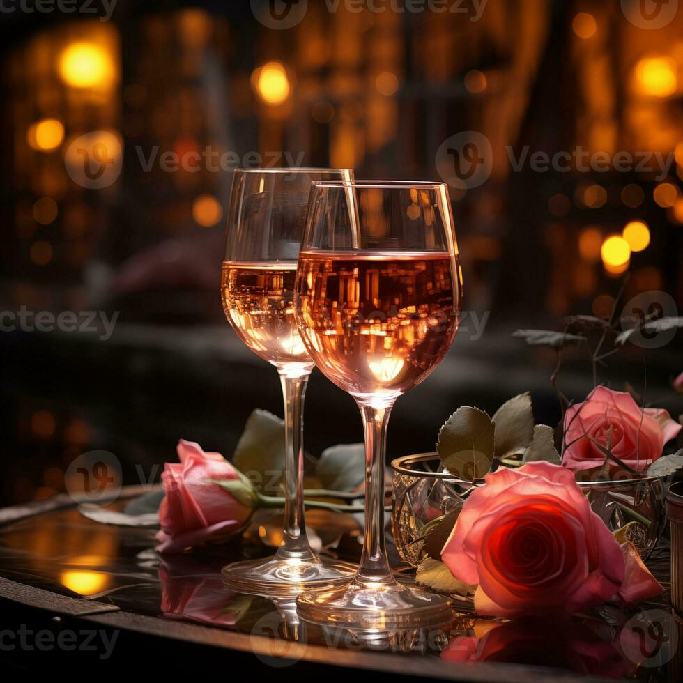 AI generated Romantic concept. Two glasses of vine with pink rose petals with bokeh background. Valentine's day banner. Celebration with wine and red rose. photo