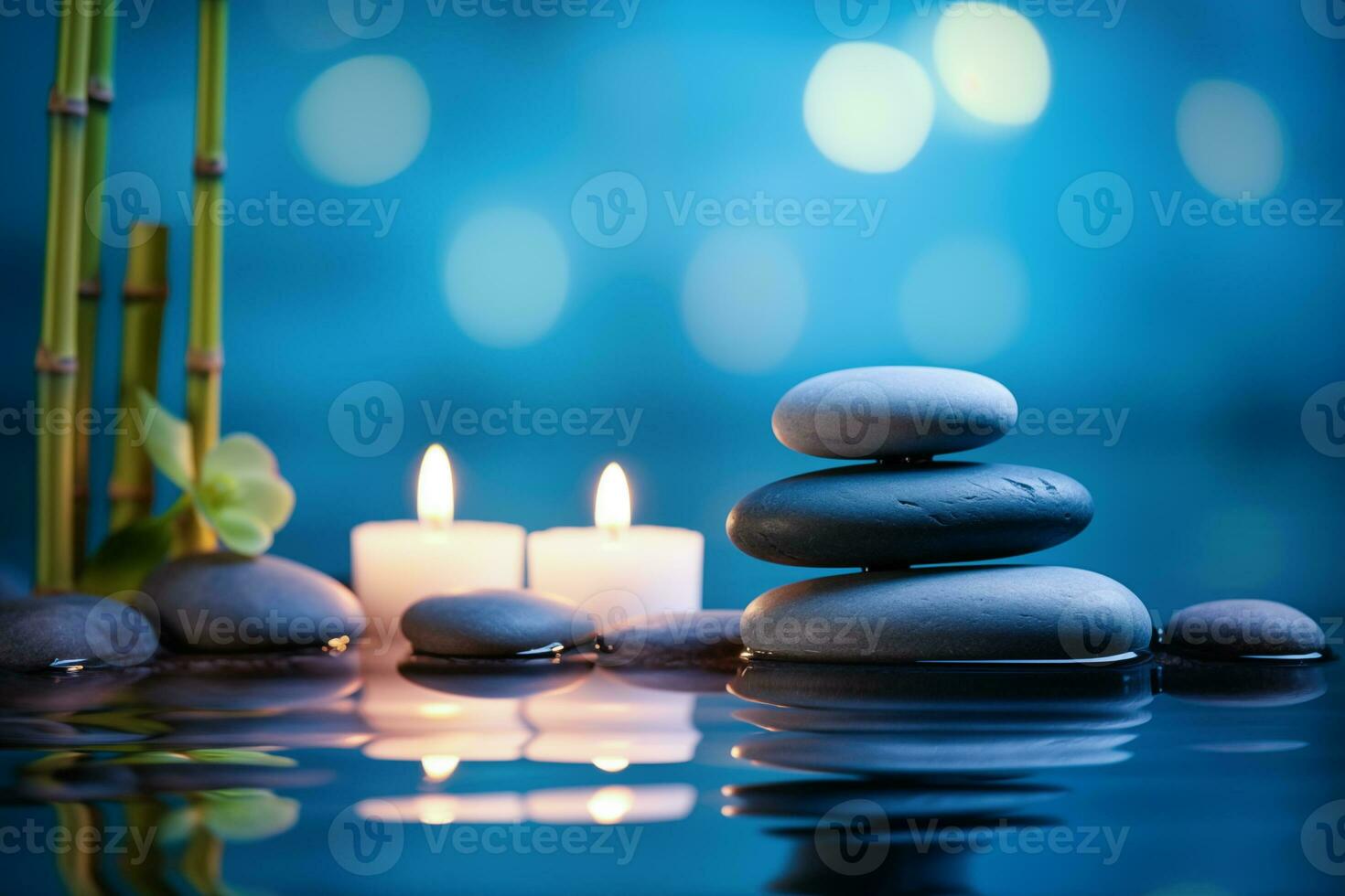 AI Generated Luxurious upscale wellness spa for relaxation with lotus, bamboo and orchid flowers and candles photo